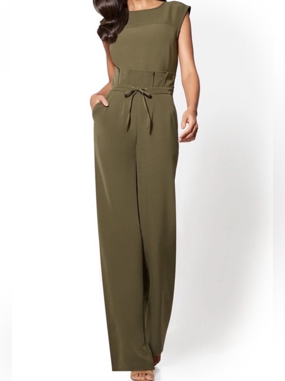 New York & Company Olive Green Wide-Leg Jumpsuit Size Small